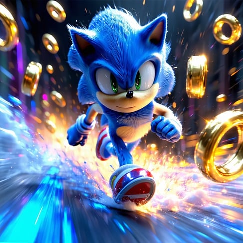 Sonic the Hedgehog a vibrant blue anthropomorphic hedgehog known for his incredible speed darts through lush colorful landscapes filled with loops and obstacles As he races forward he deftly collects shimmering golden rings that float in the air each